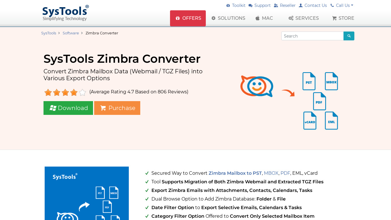 SysTools Zimbra Converter Landing page