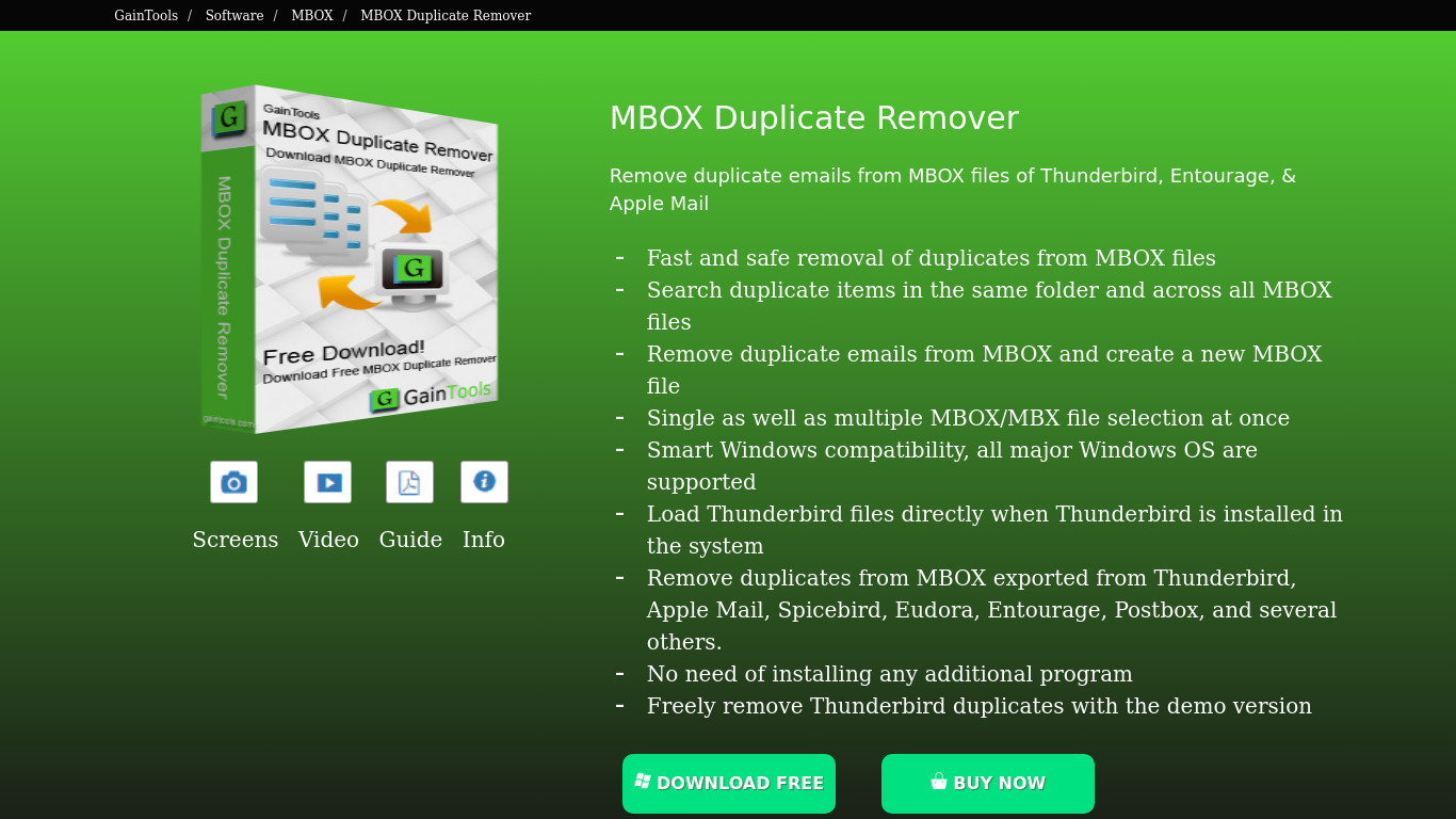 GainTools MBOX Duplicate Remover Landing page