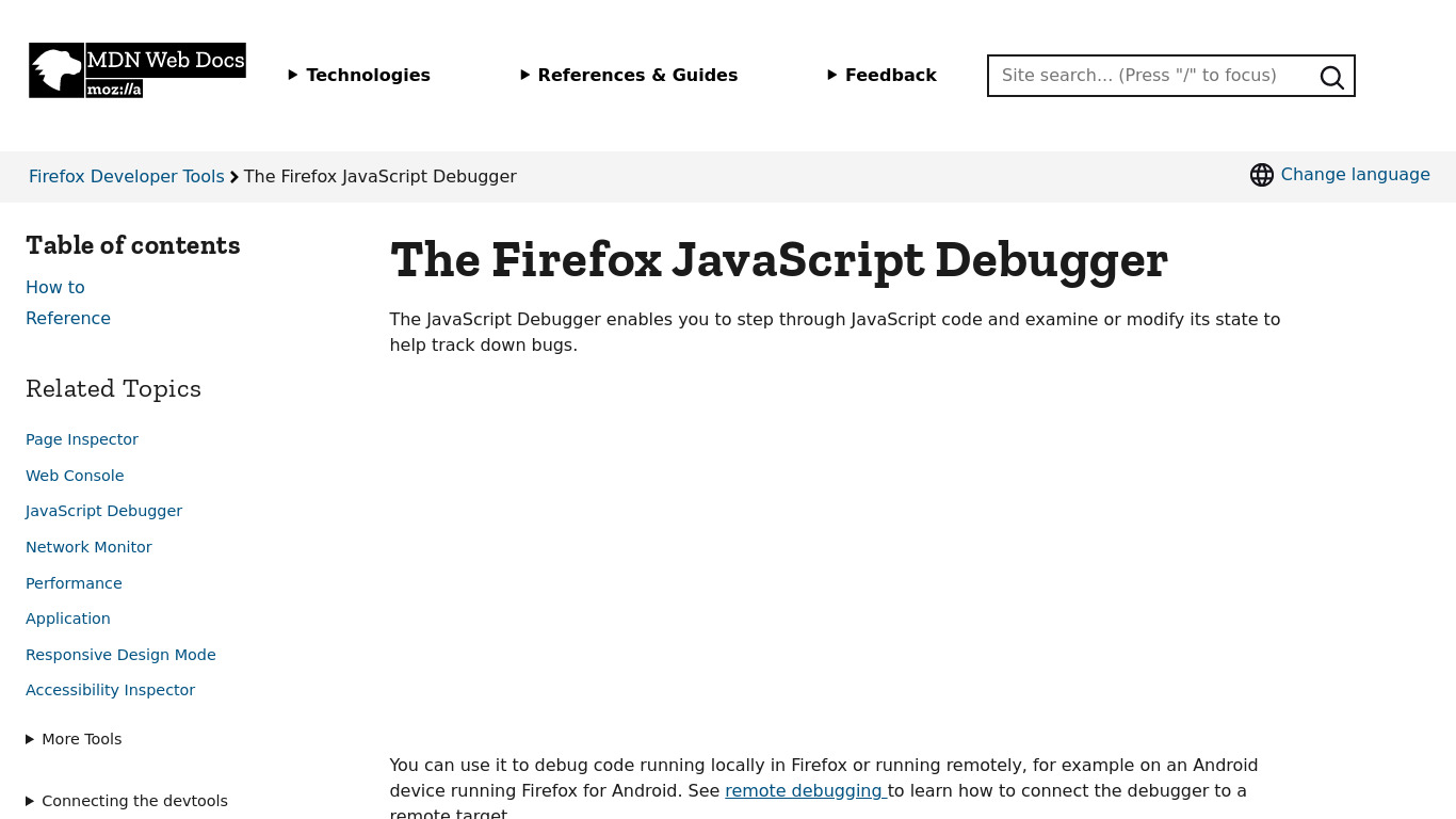 Firefox JavaScript Debugger Landing page