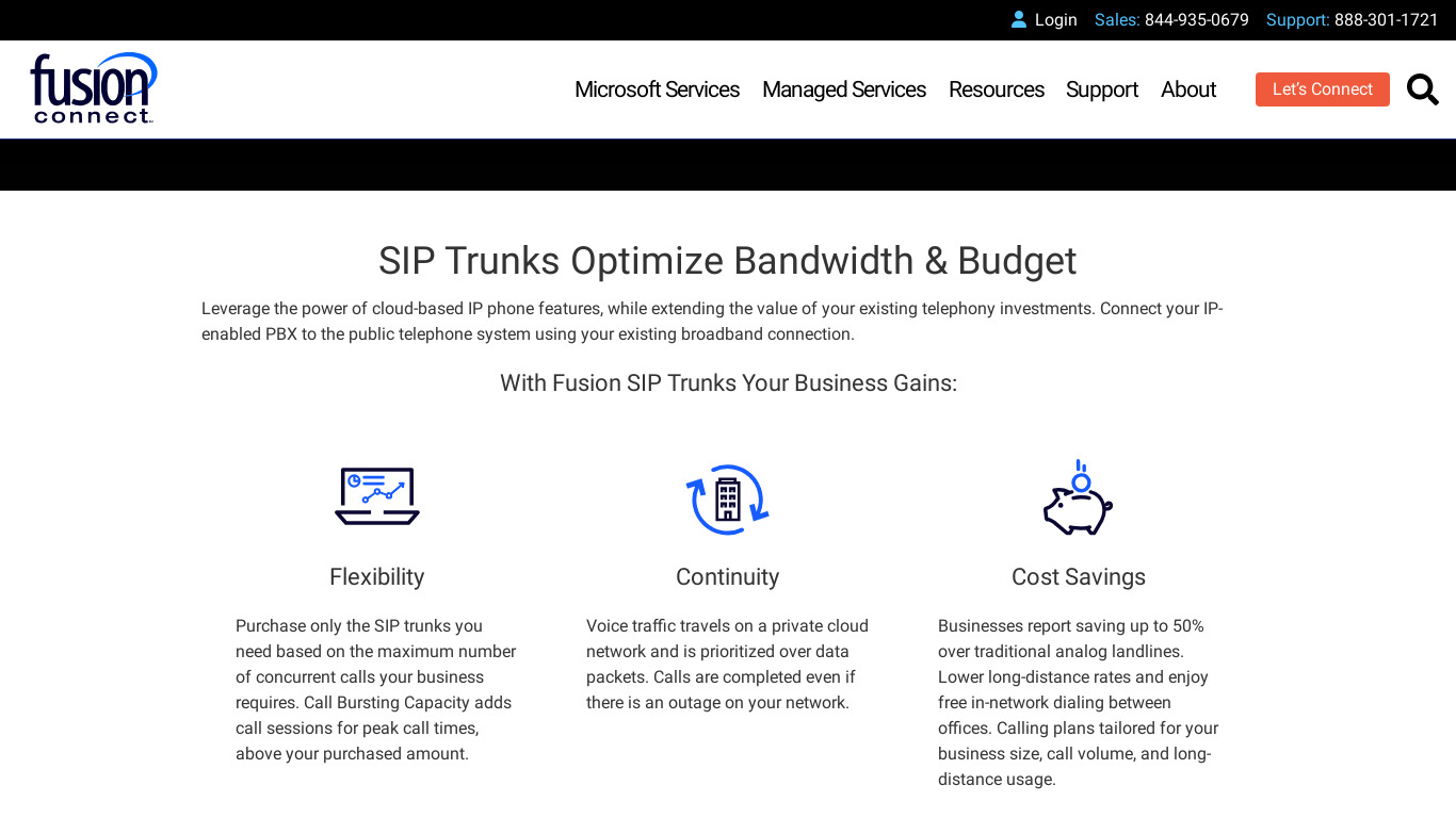 fusion connect SIP Trunks Landing page