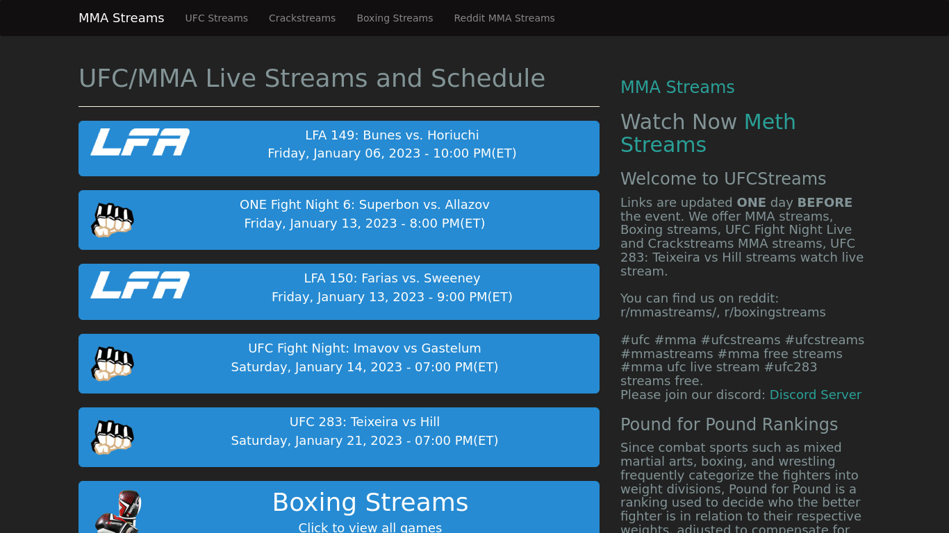 UFCStreams.net Landing page