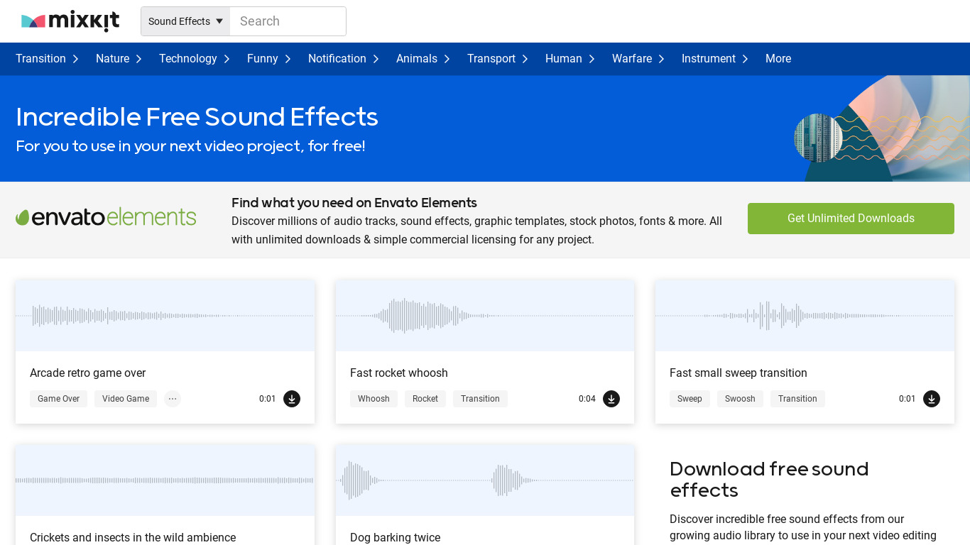 Mixkit Free Sound Effects Landing page