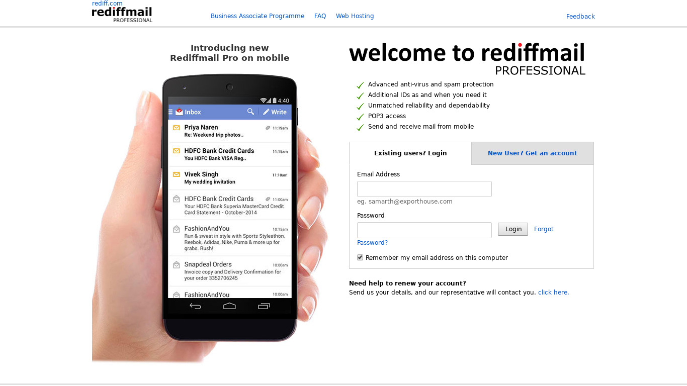 Rediffmail Pro Landing page