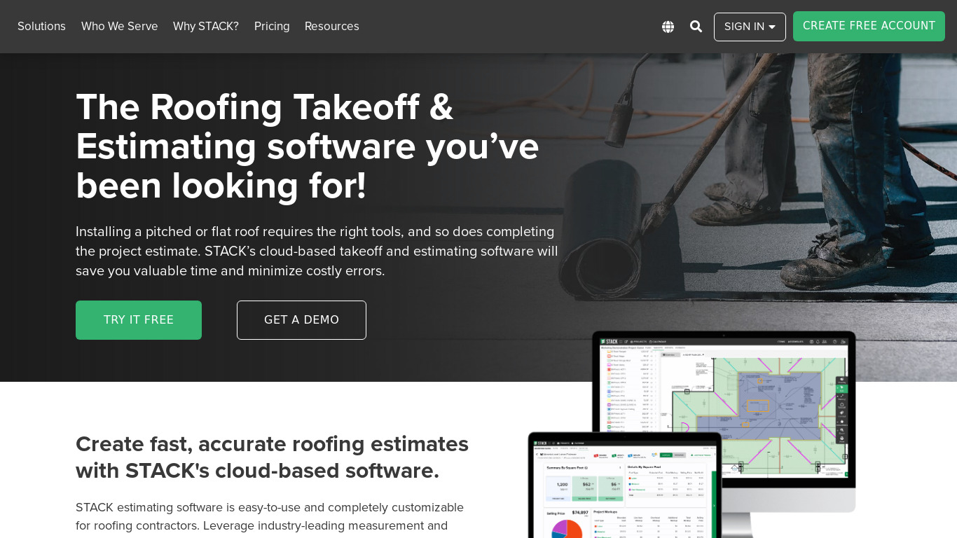 Stack Roof Estimating Software Landing page