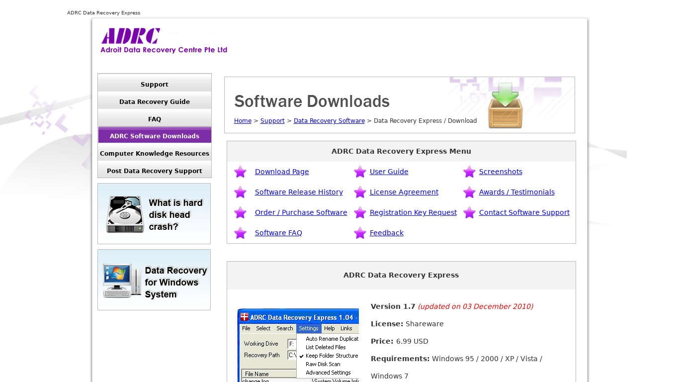 ADRC Data Recovery Express Landing page