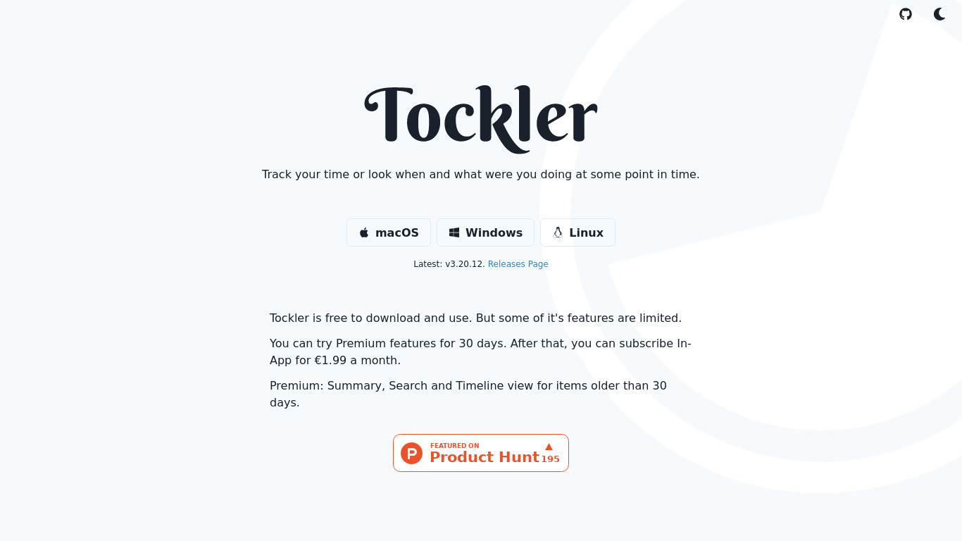 Tockler Landing page