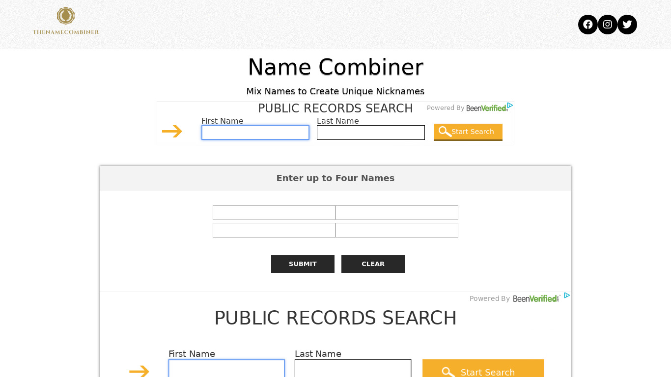 The Name Combiner Landing page
