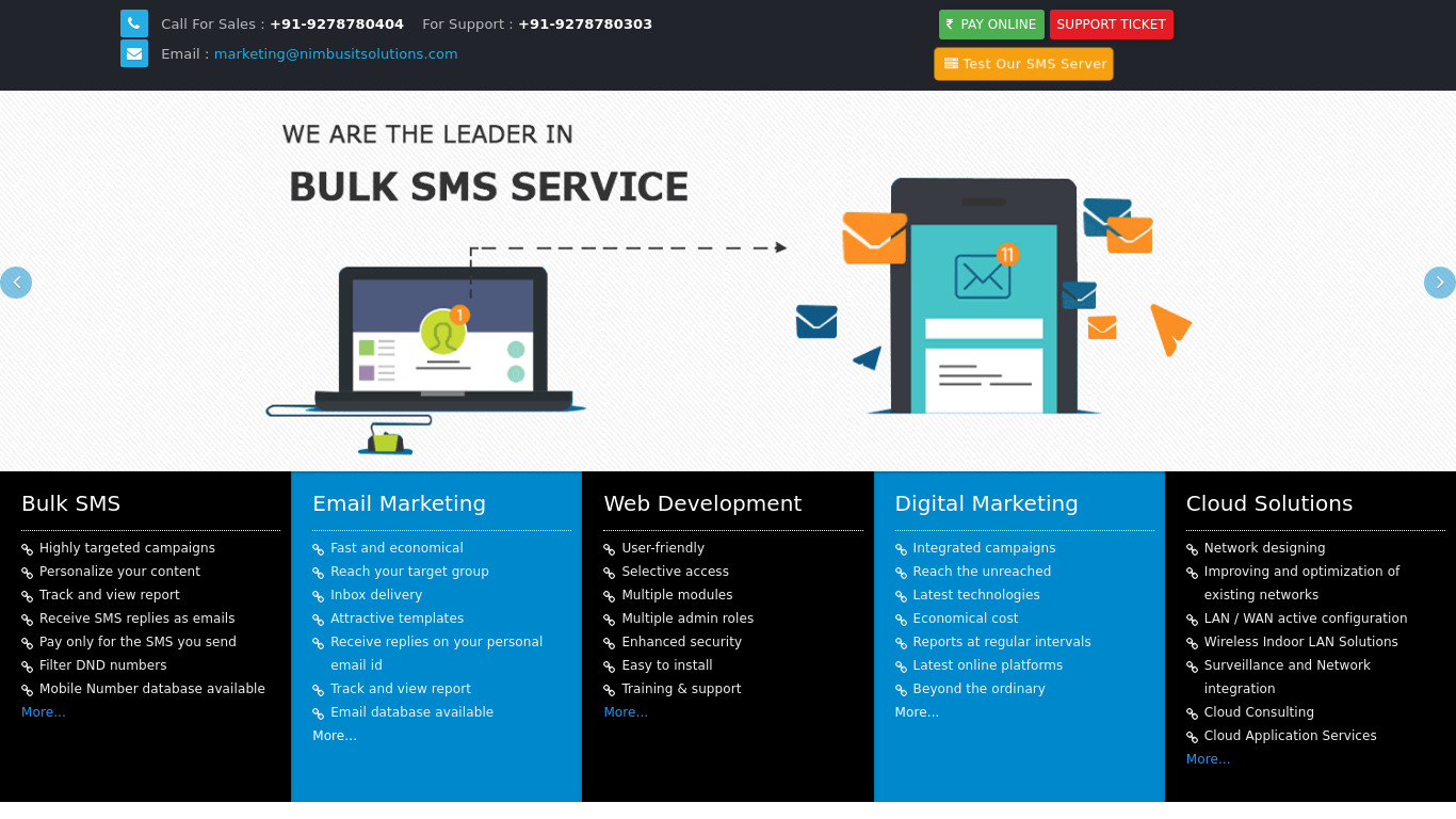 nimbusIT API SMS Service Landing page