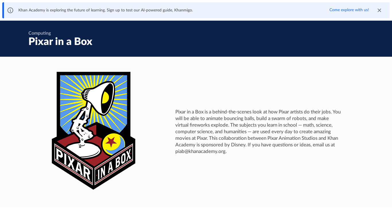 Pixar in a Box Landing page