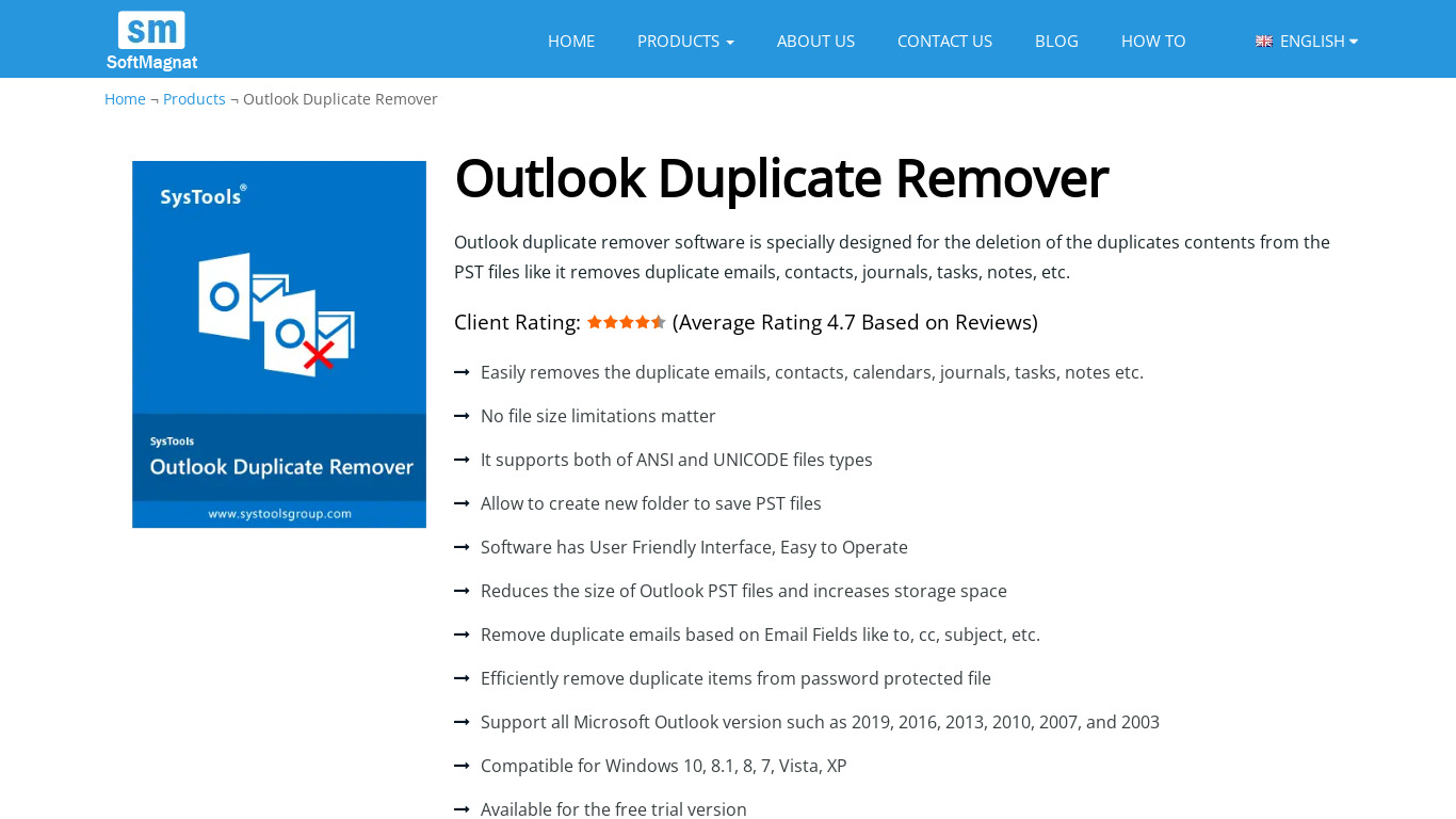 Softmagnat Outlook Duplicate Remover Landing page
