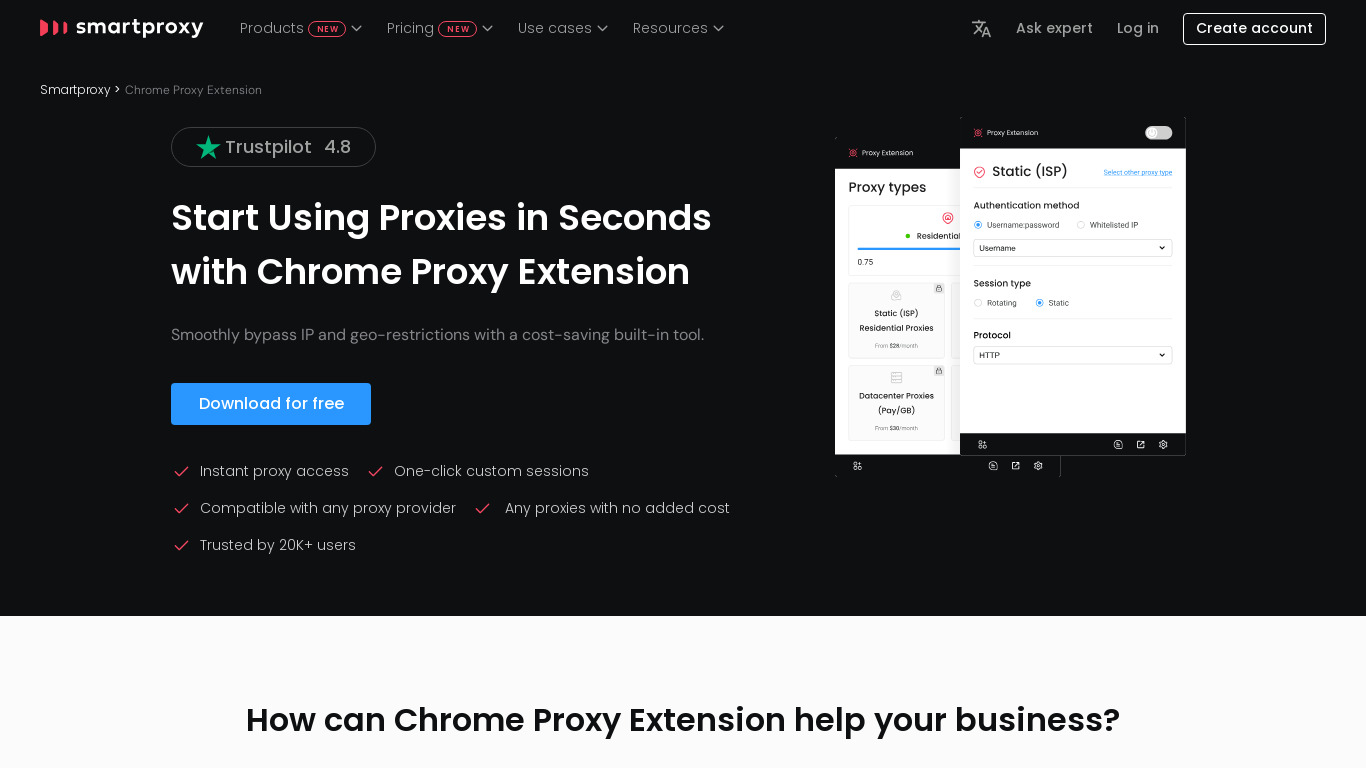 Smartproxy Extension Landing page