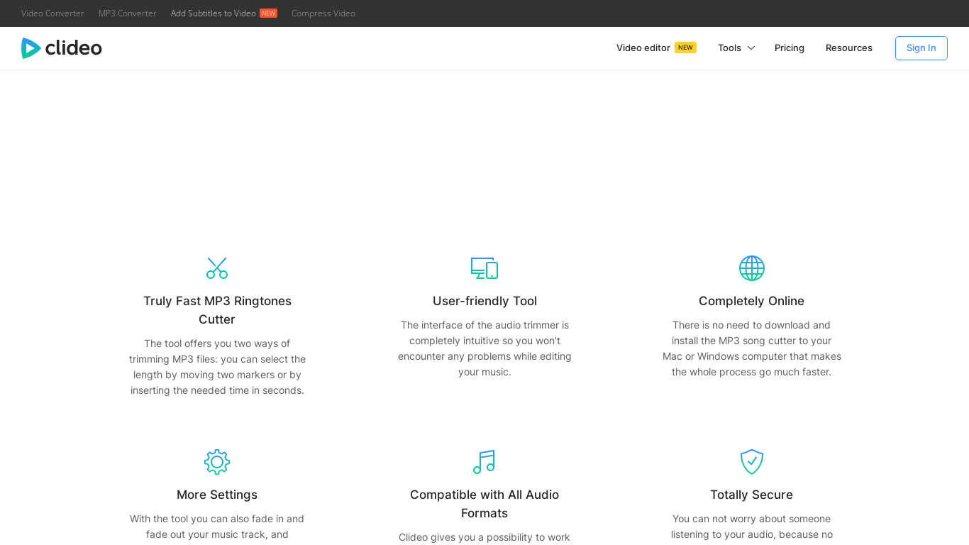 Clideo Audio Cutter Online Landing page