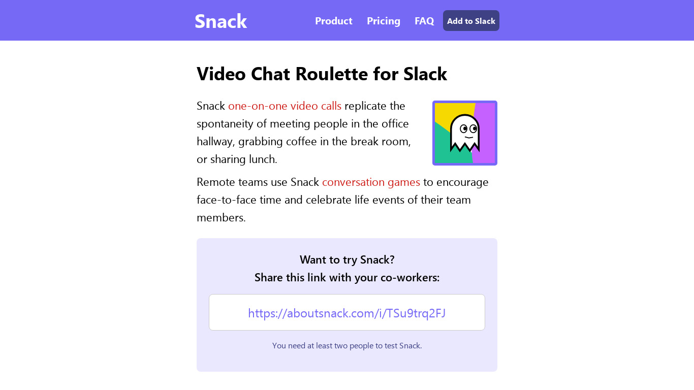 Snack Slack Bot Landing page