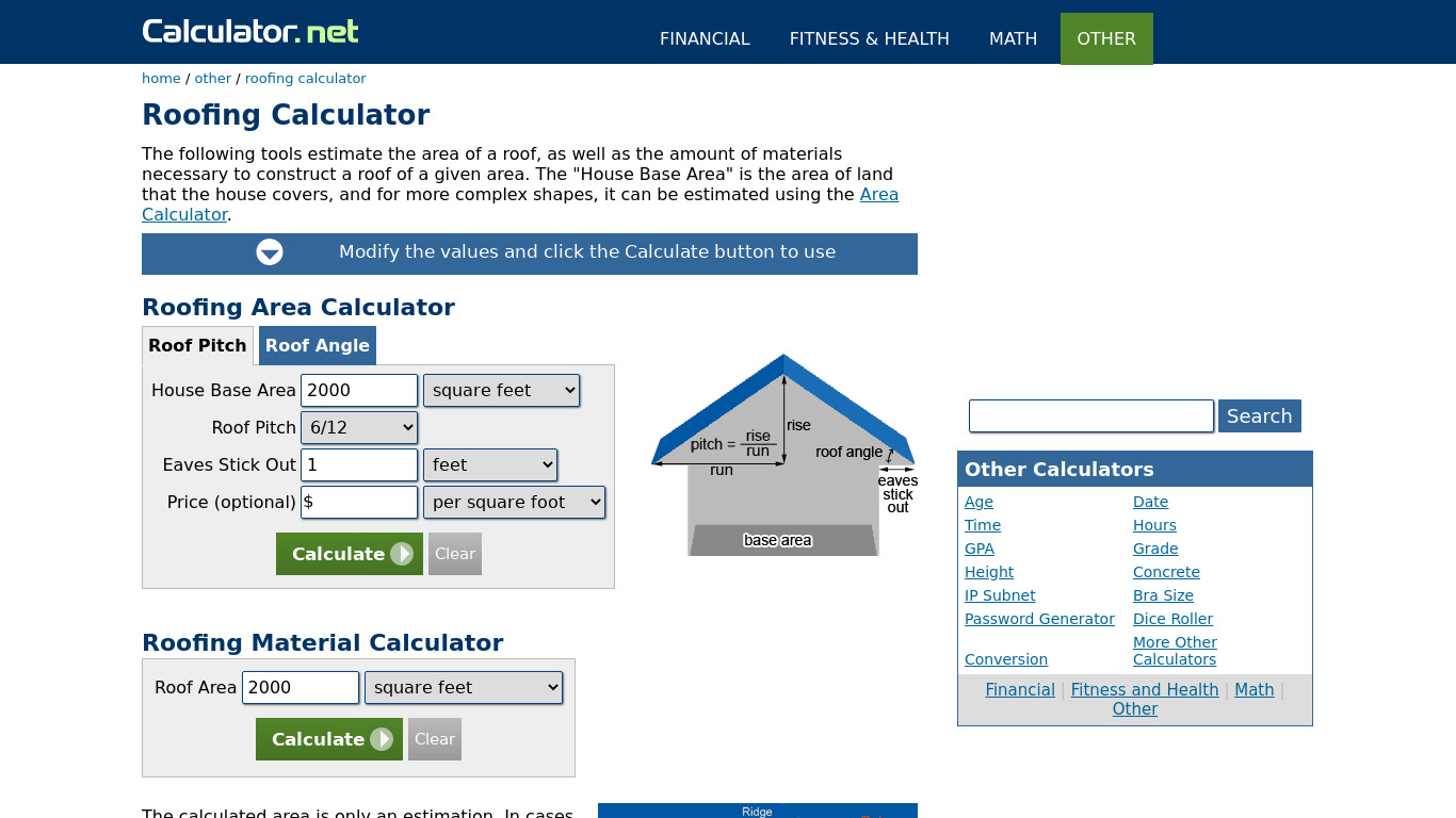 Roofing Calculator Landing page