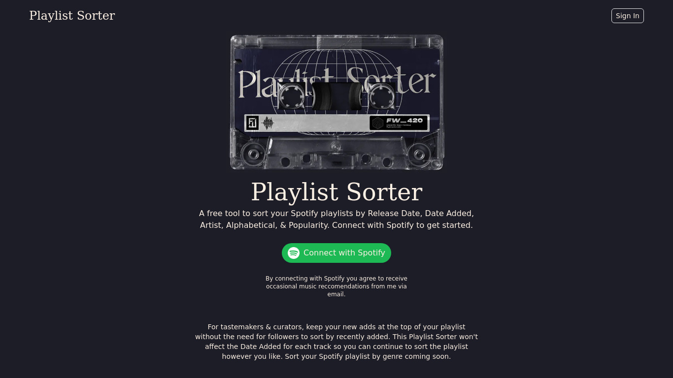 Playlist Sorter Landing page