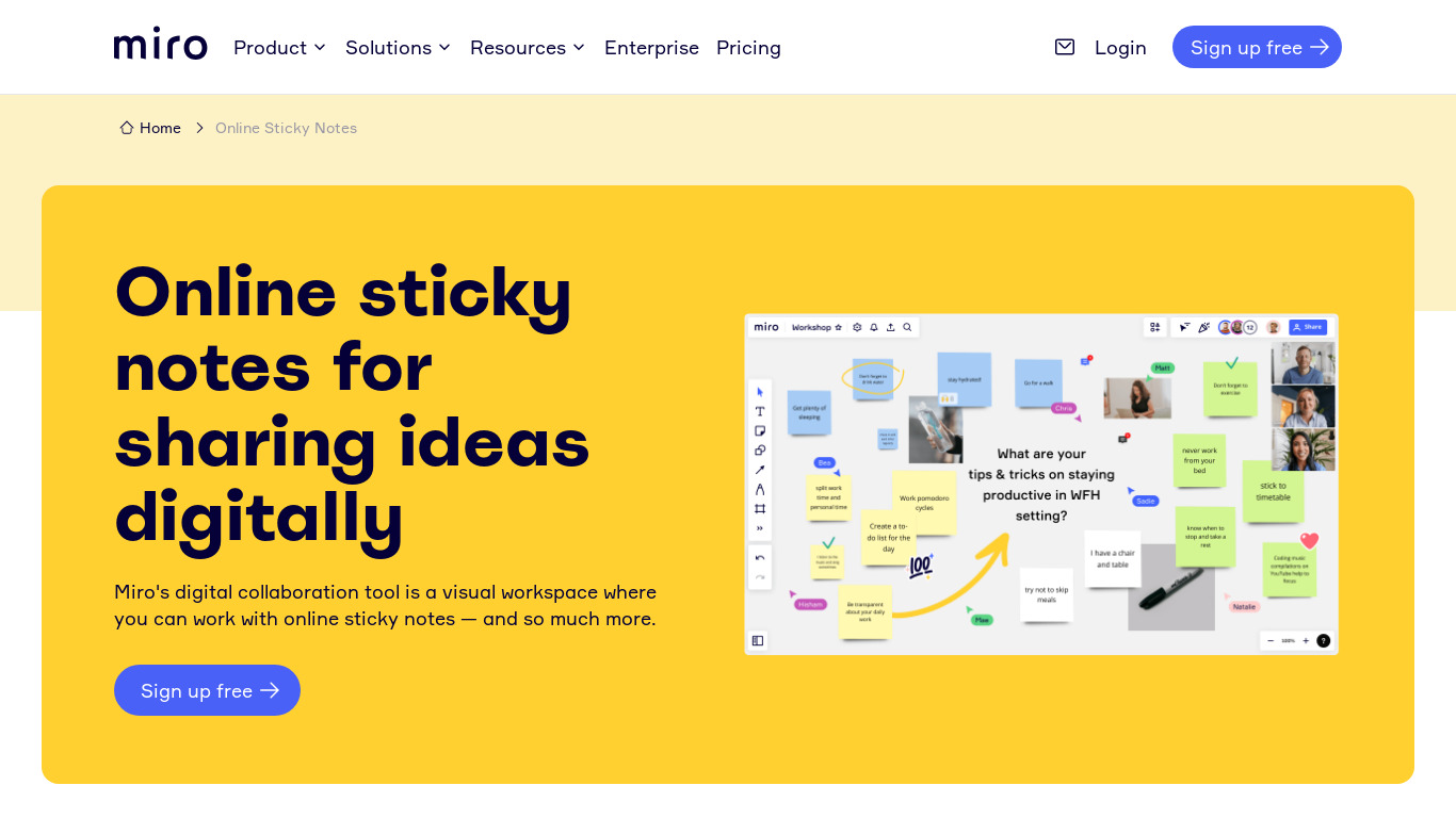 Miro Online Sticky Notes Landing page