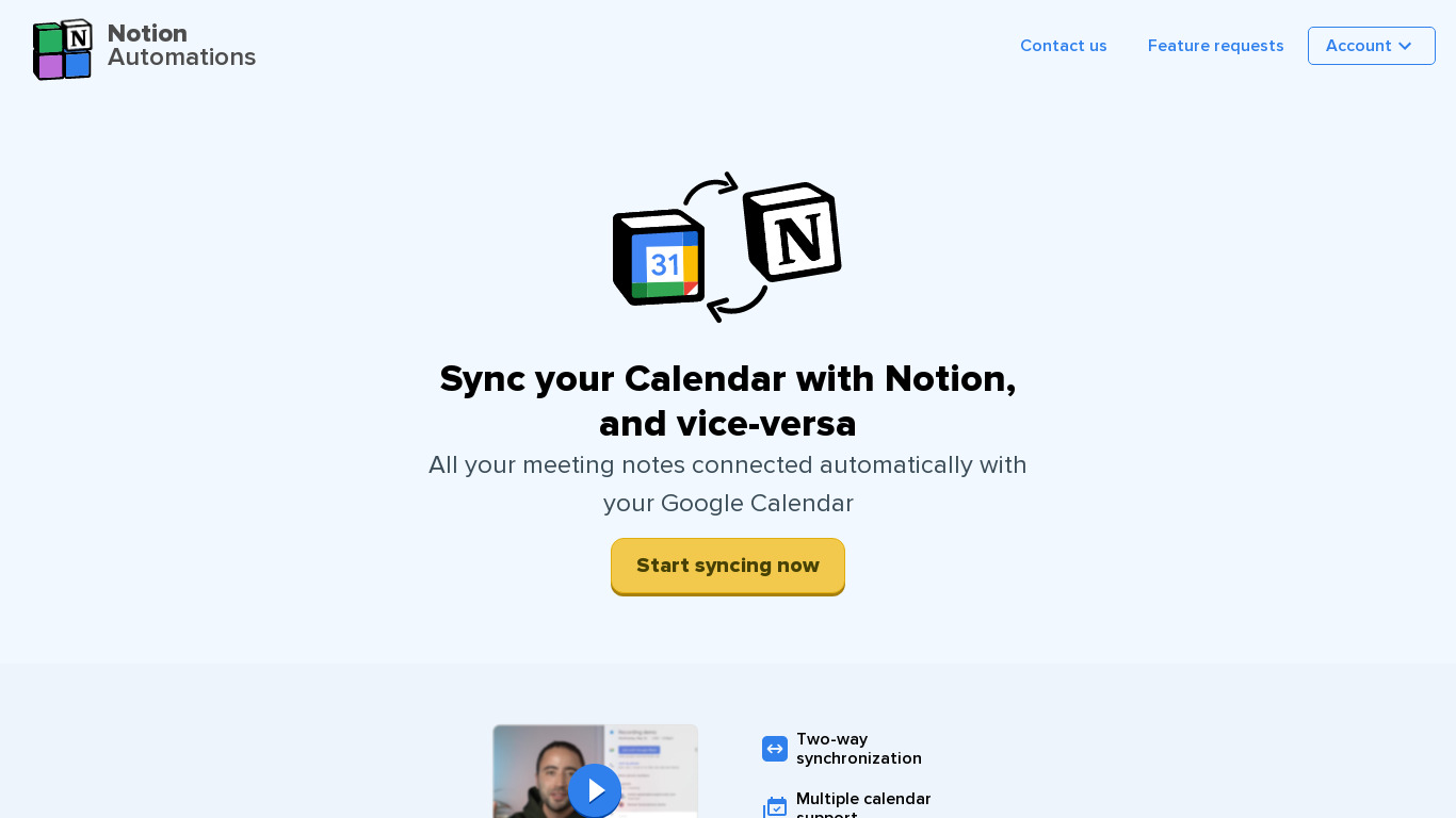 Notion Calendar Sync Landing page