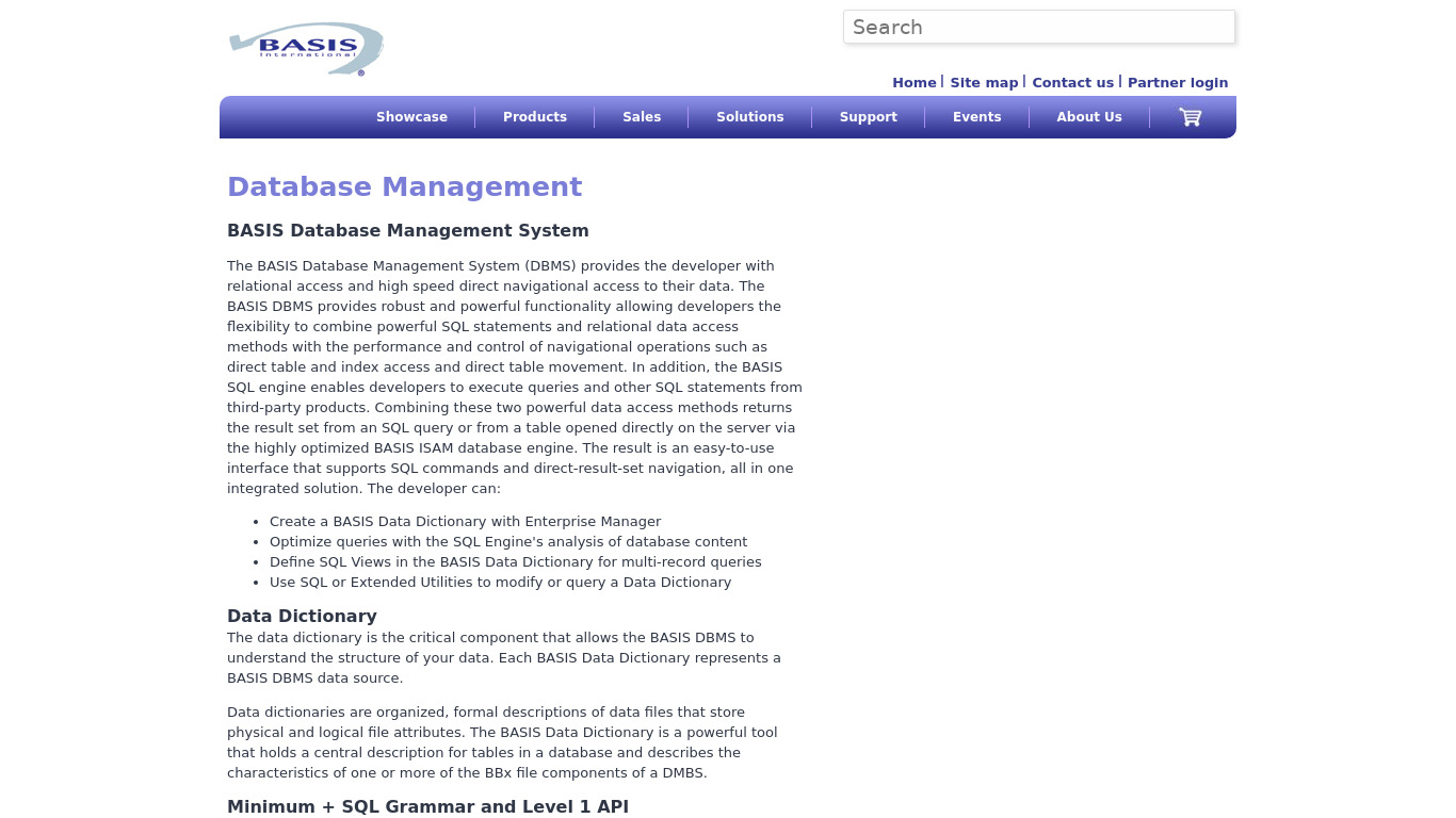Basis Database Management Landing page
