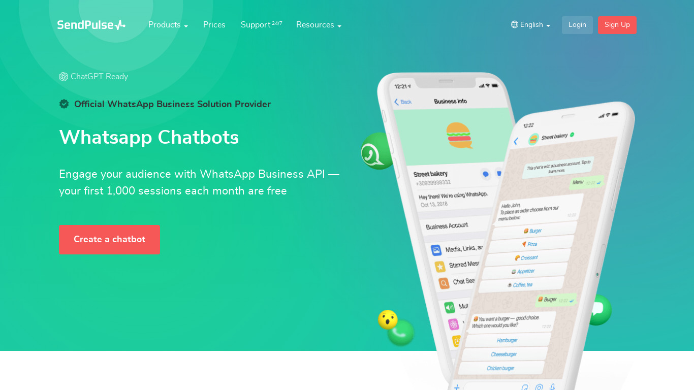 WhatsApp Chatbots by SendPulse Landing page