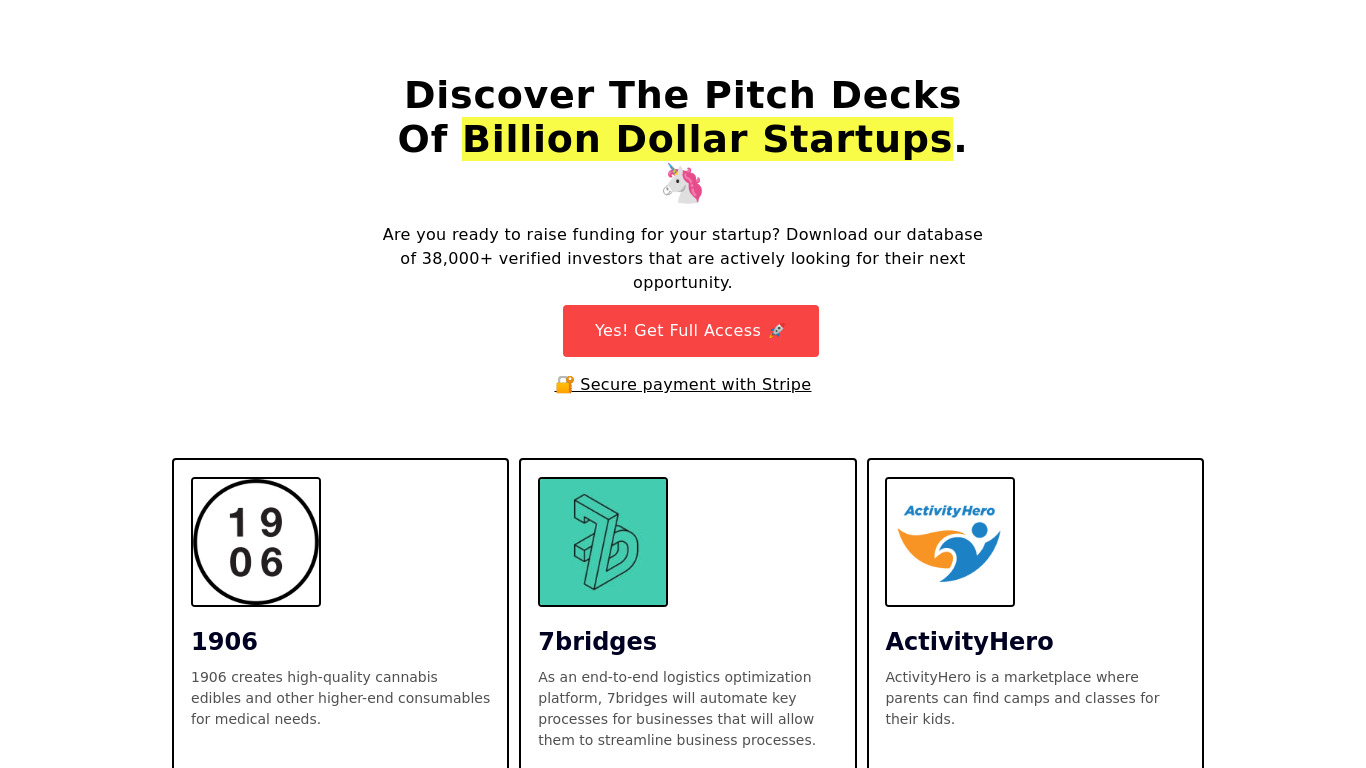 Billion Dollar Pitch Decks Landing page