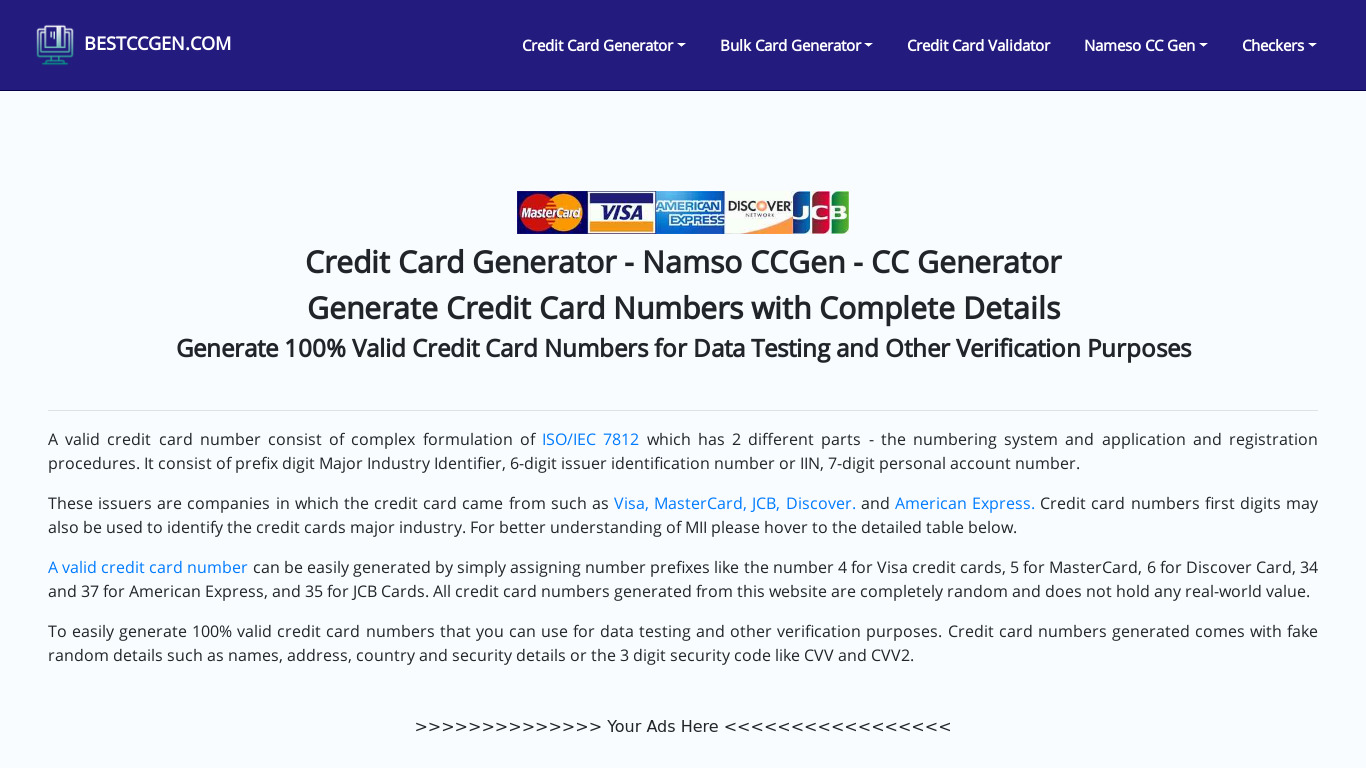 Bestccgen Credit Card Generator Landing page
