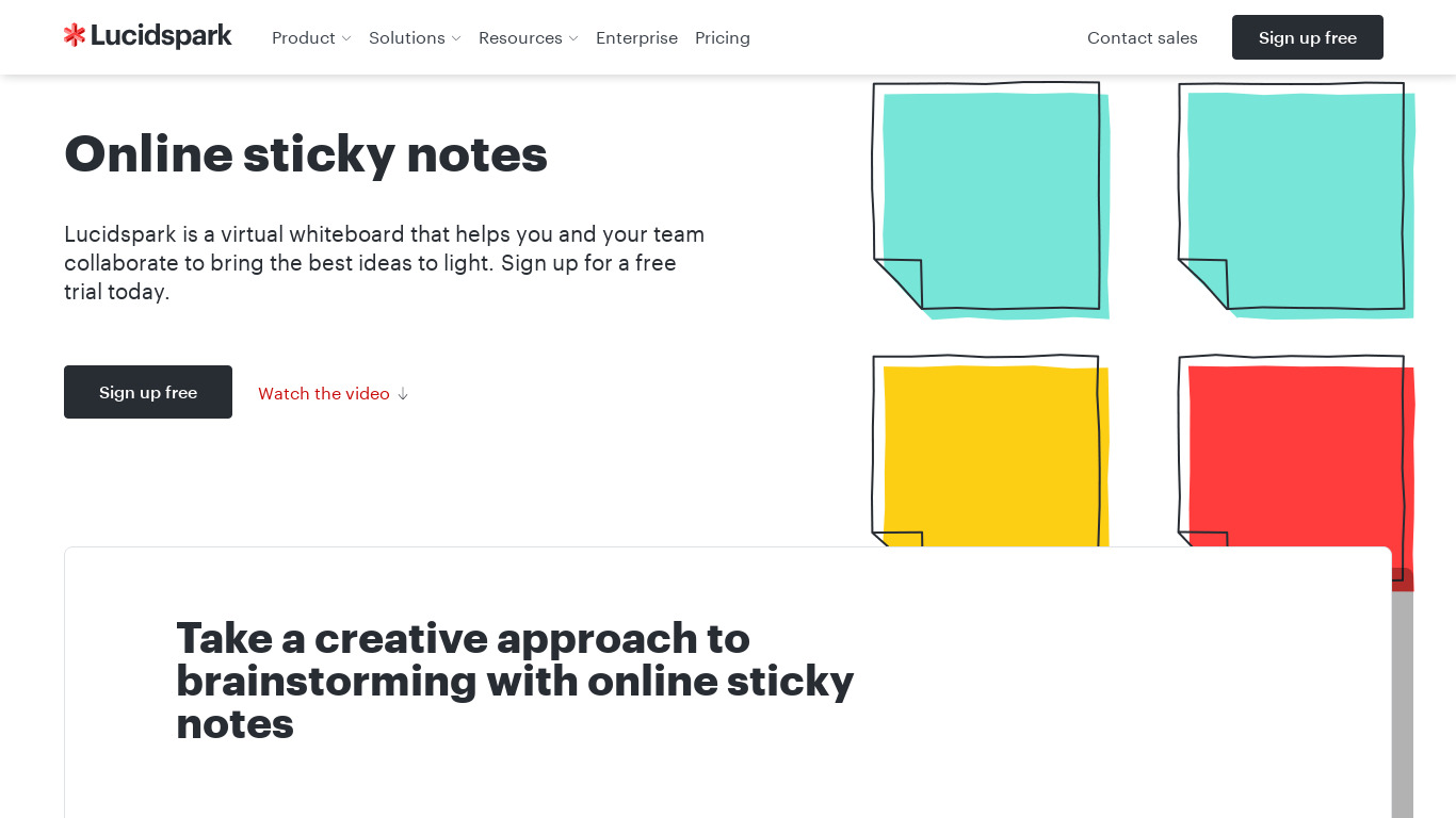 Lucidspark Online Sticky Notes Landing page