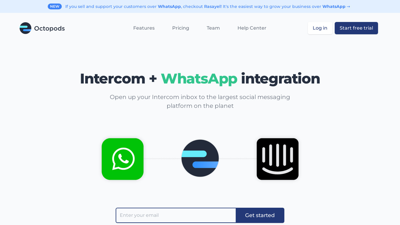 WhatsApp for Intercom by Octopods Landing page