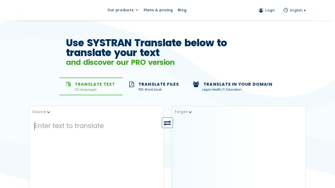 SYSTRAN translate Landing page