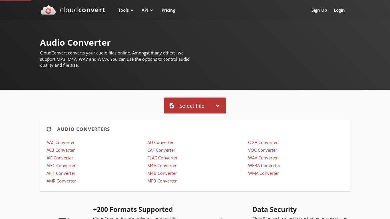 CloudConvert Audio Converter Landing page