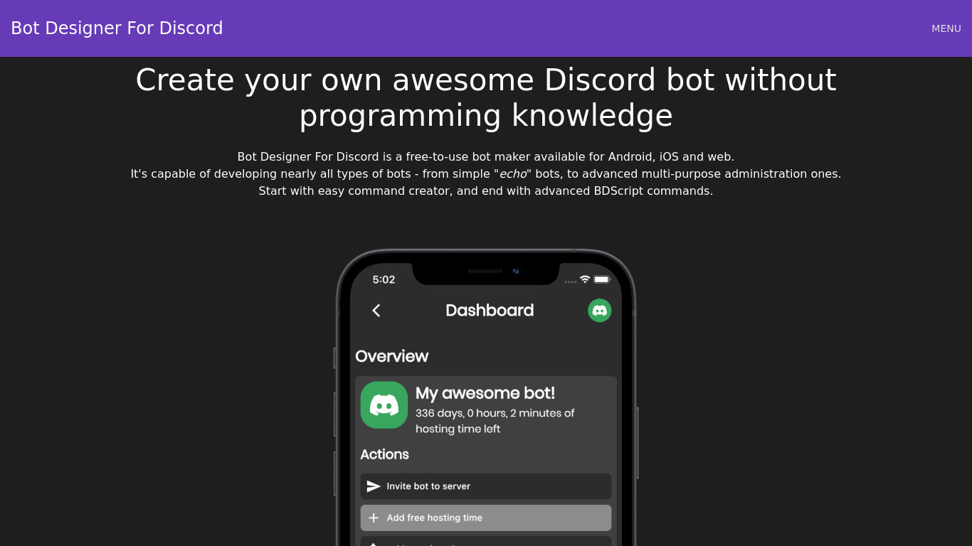 Bot Designer For Discord Landing page