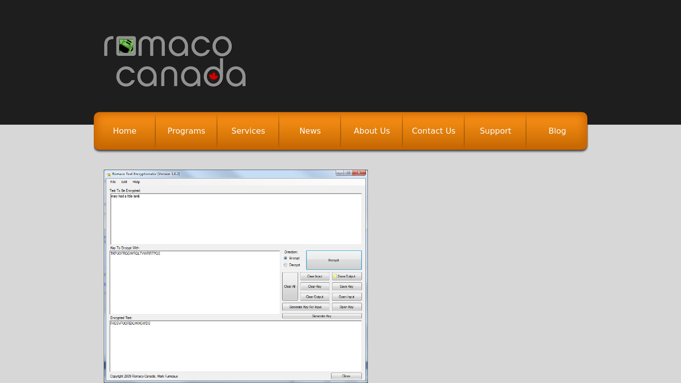 Romaco Canada Text Encryptionator Landing page