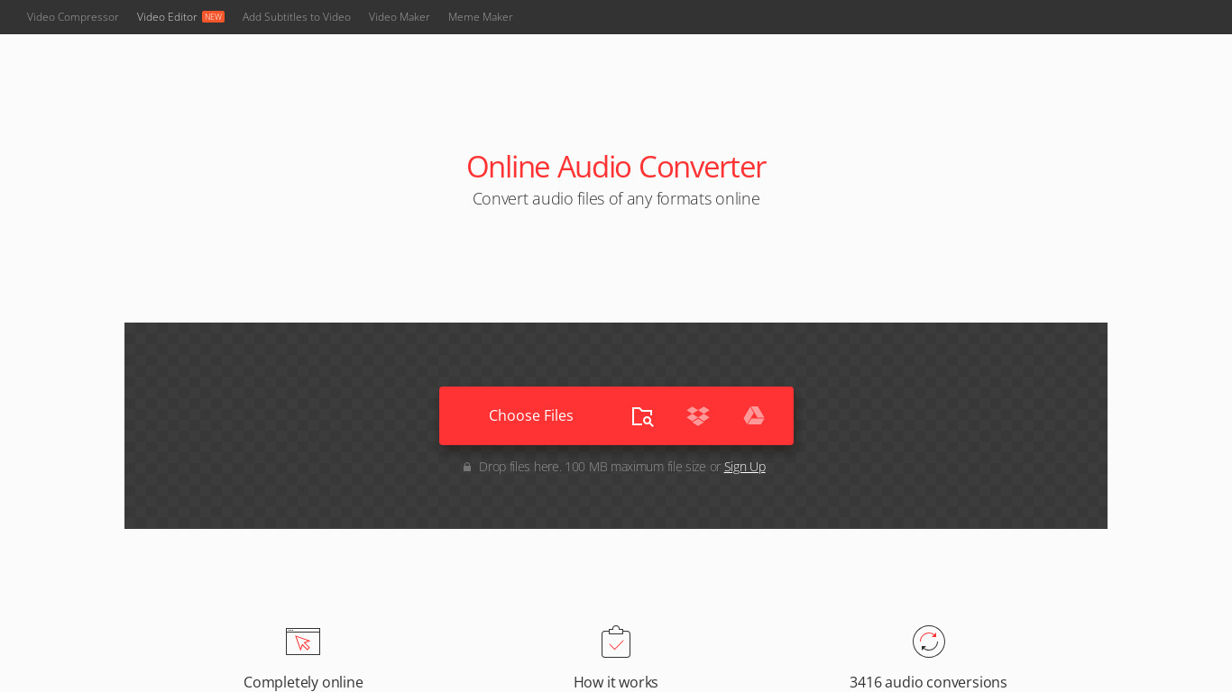 Convertio Online Audio Converter Landing page