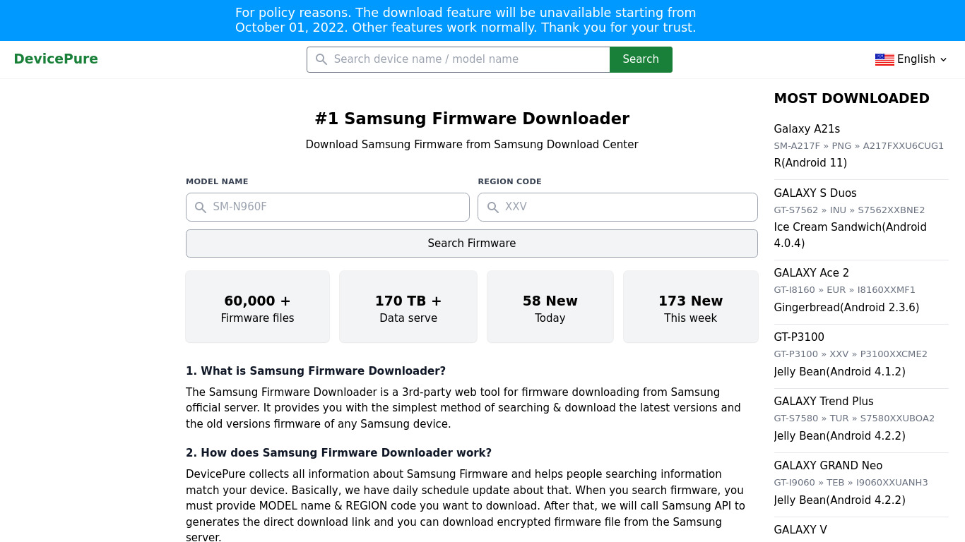 Devicepure Samsung Firmware Downloader Landing page