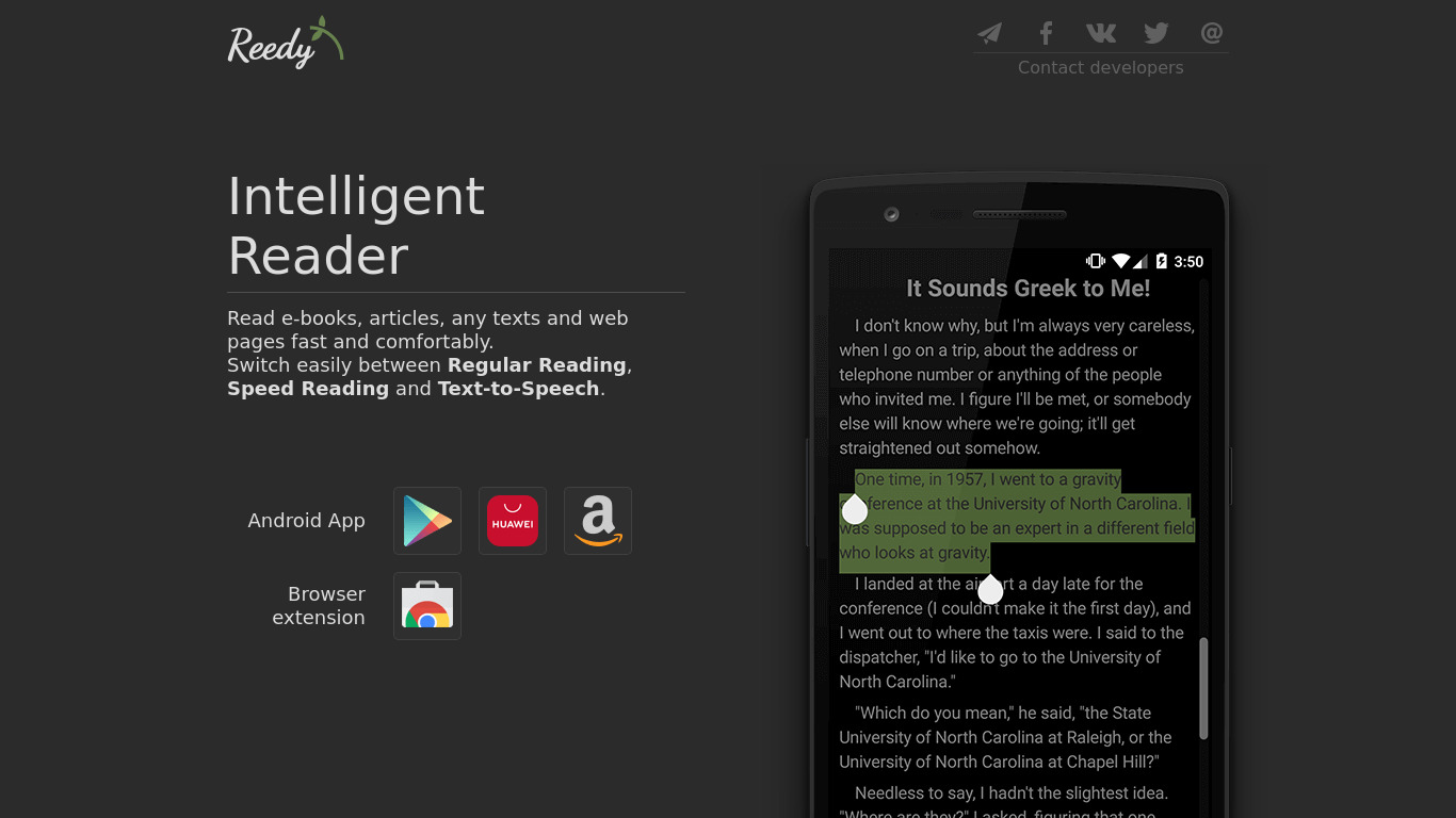 Reedy. Intelligent reader Landing page