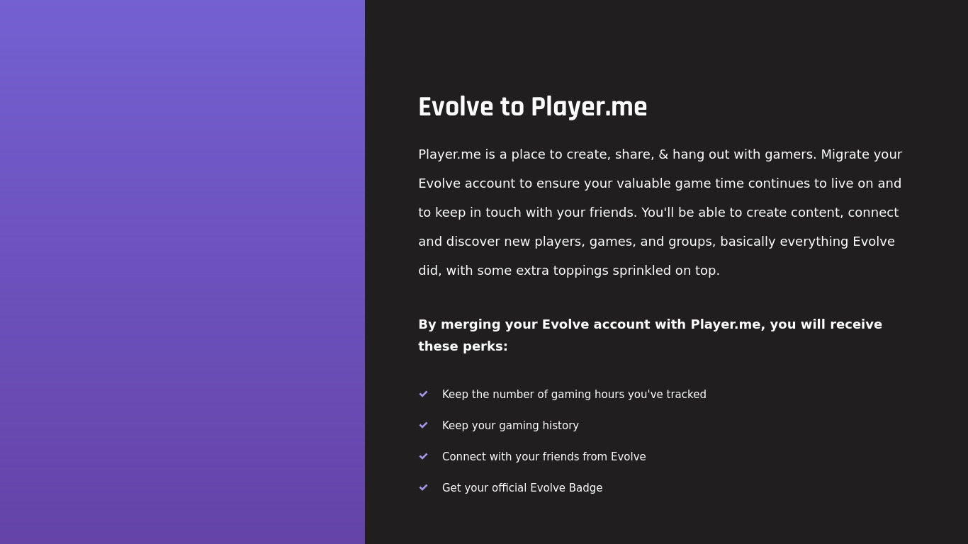 Evolve Player.me Landing page