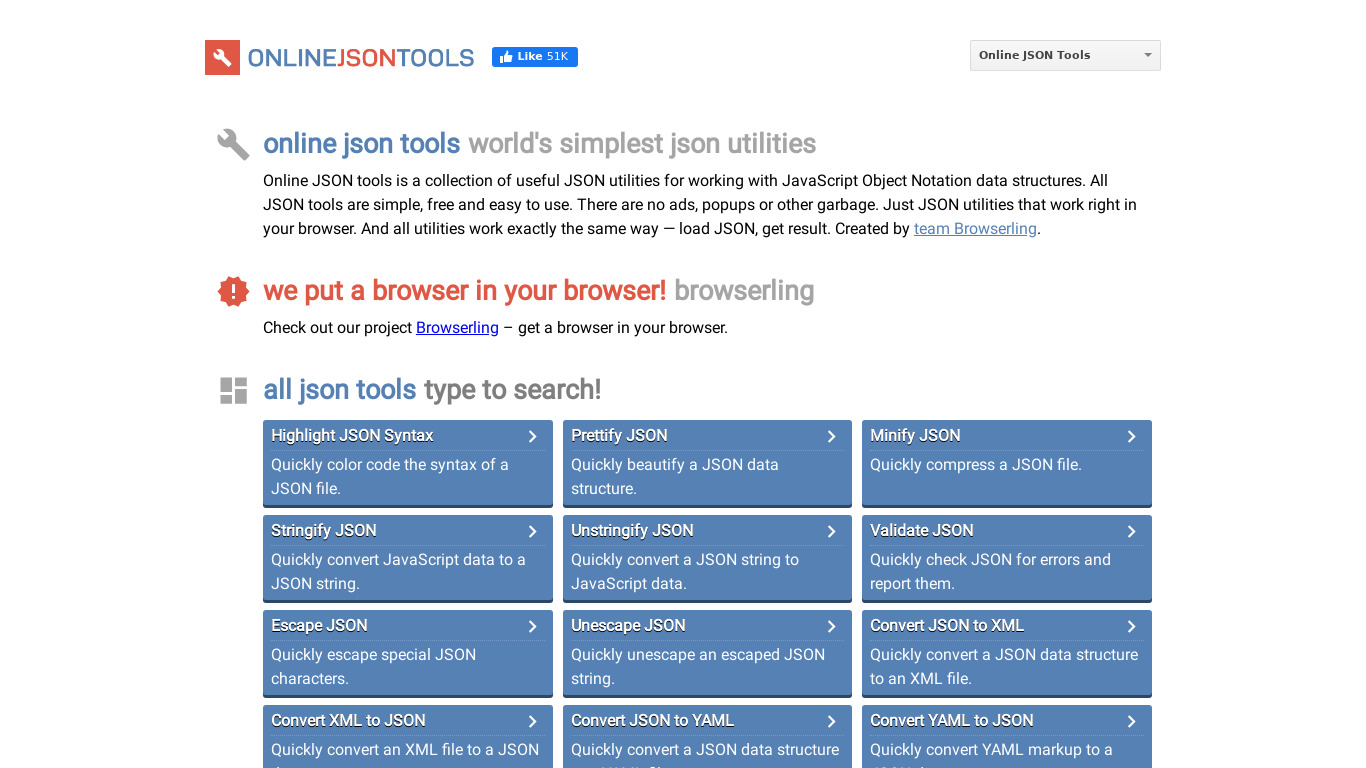 Online JSON Tools Landing page