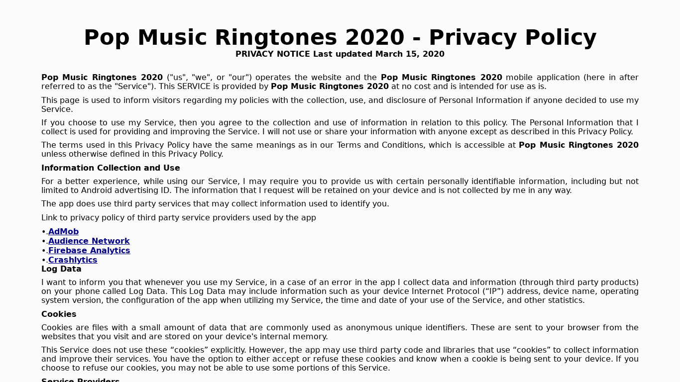 Pop Music Ringtones 2021 Landing page