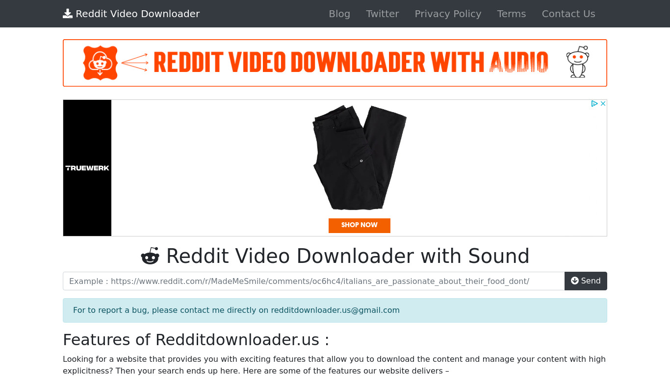 Reddit Downloader Landing page
