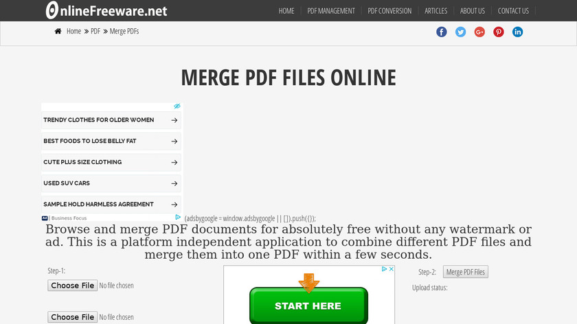 OnlineFreeware PDF Merge Landing Page