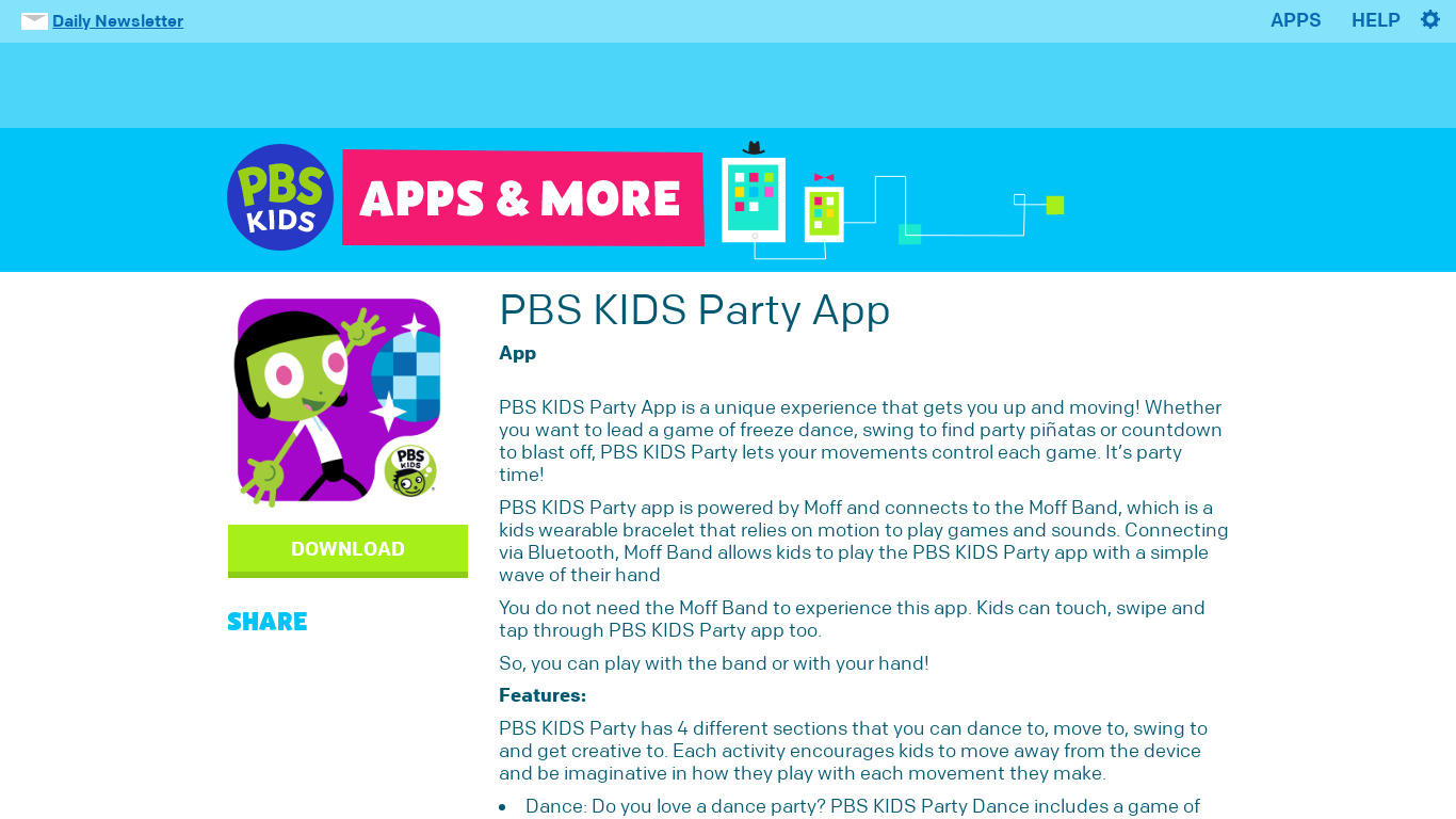 PBS KIDS Party App Landing page