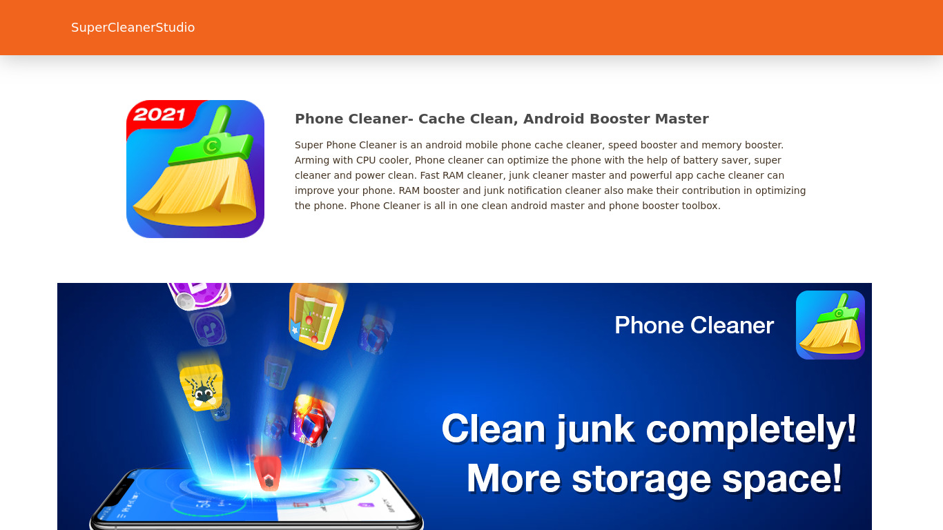 Android Booster & Phone Cleaner Landing page