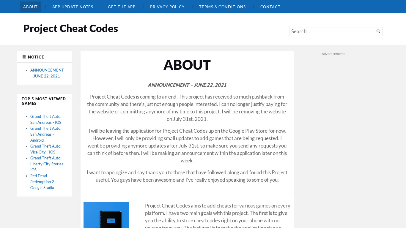 Project Cheat Codes Landing page