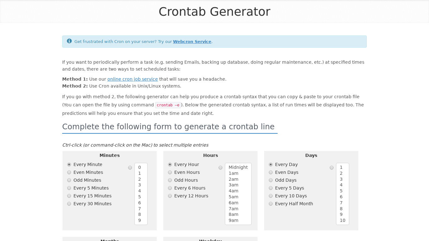 Crontab Generator Landing page