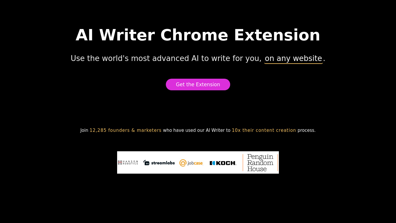 AI Writer Chrome Extension Landing page