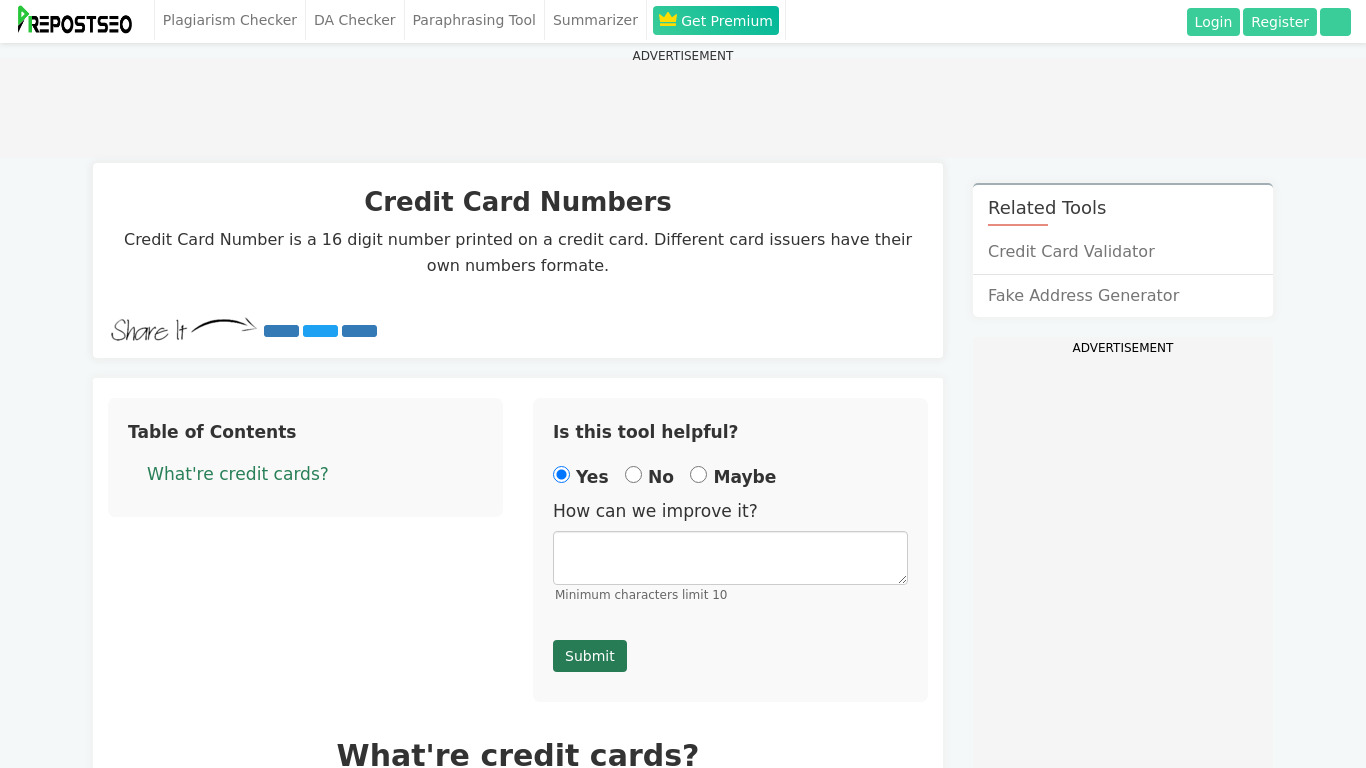 Prepostseo Credit Card Generator Landing page