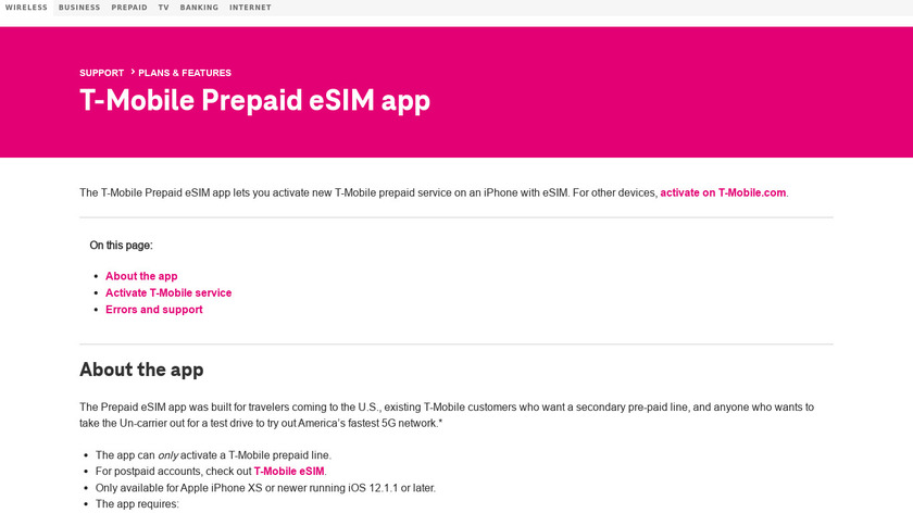 T-Mobile Prepaid eSIM app Landing Page