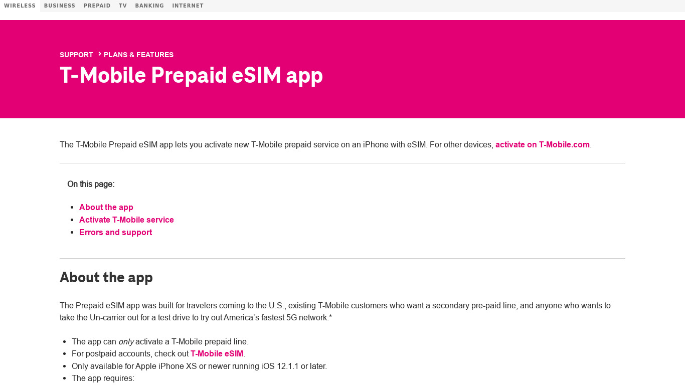 T-Mobile Prepaid eSIM app Landing page