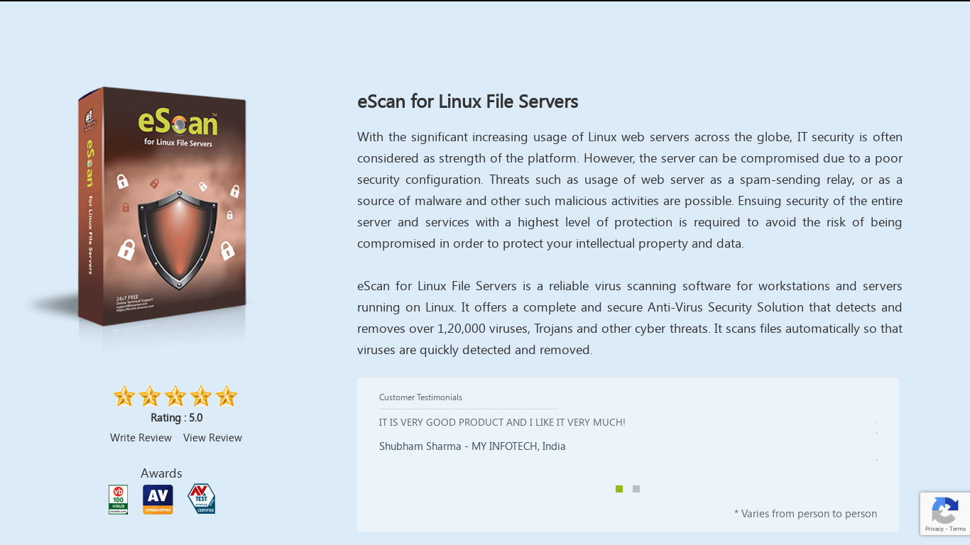 eScan for Linux File servers Landing page