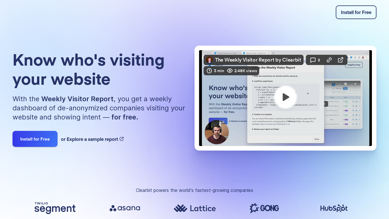 Weekly Visitor Report by Clearbit Landing page