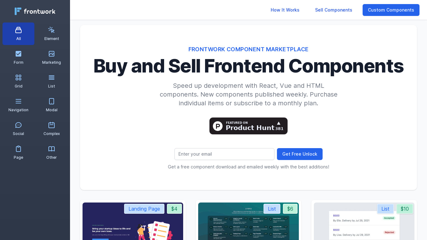 FrontWork Component Marketplace Landing page